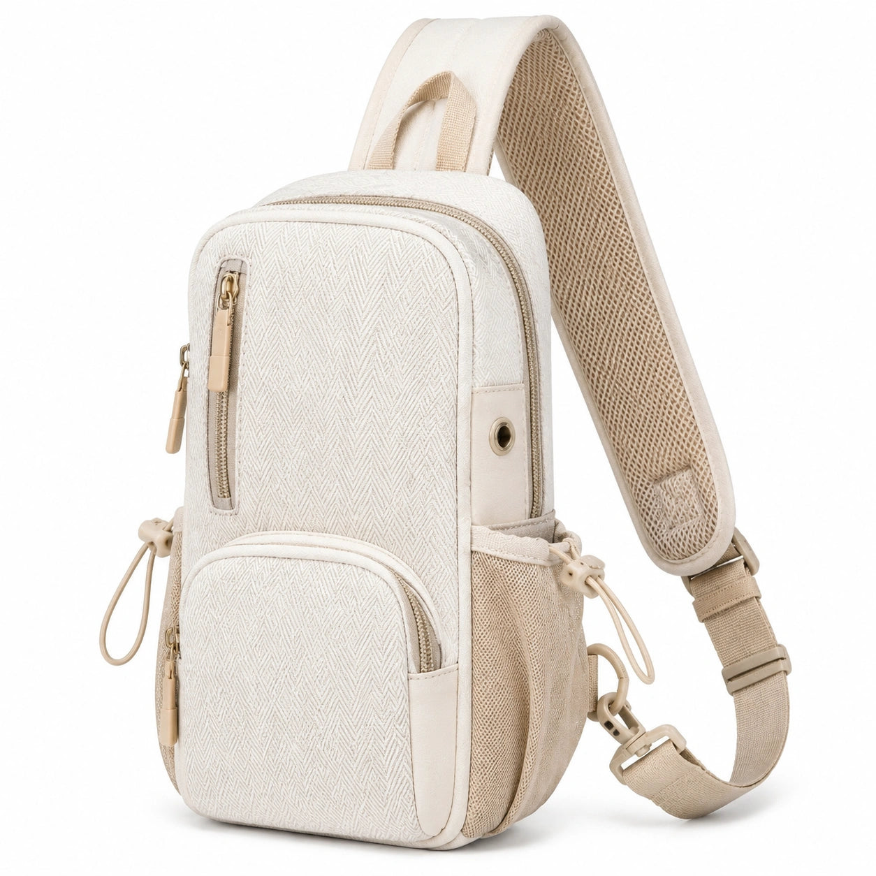 Mochila bandolera 32 x 18 x 8 cm de tejido beige con bolsillos y correa ajustable