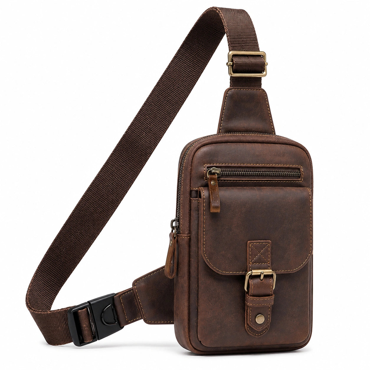 Bolso bandolera 18 cm de cuero marrón con correa ajustable estilo vintage
