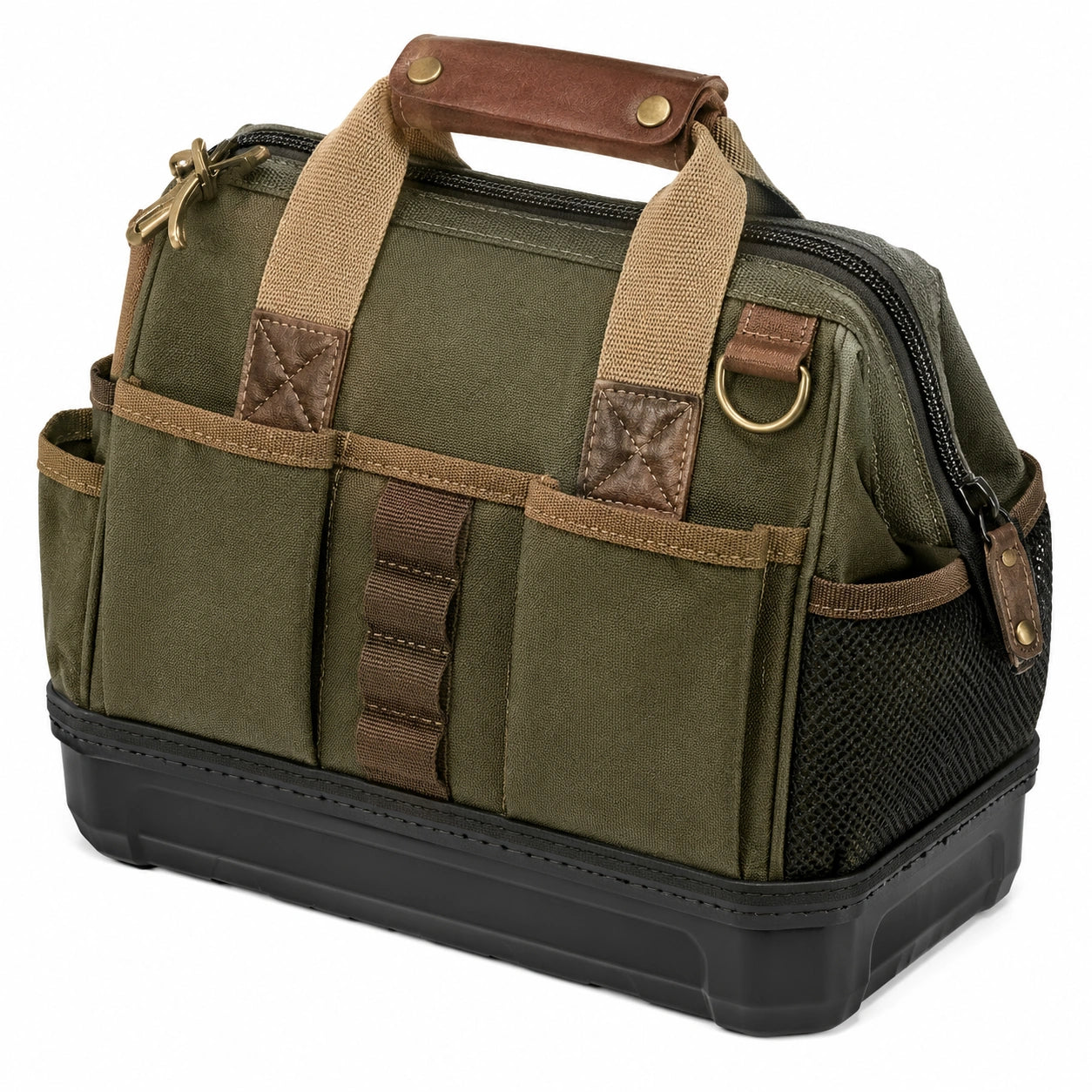 Bolsa de pesca 40 x 22 x 28 cm de lona verde con compartimentos y base rígida