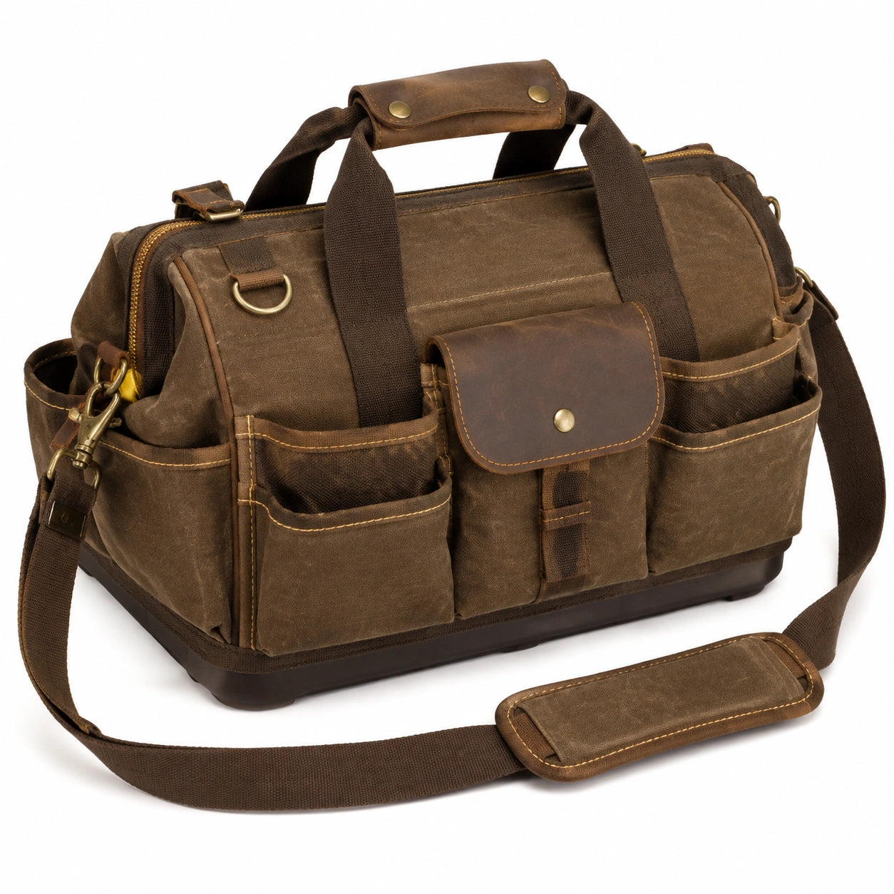 Bolsa de viaje 45 x 25 x 30 cm de lona marrón con detalles de cuero y bolsillos múltiples