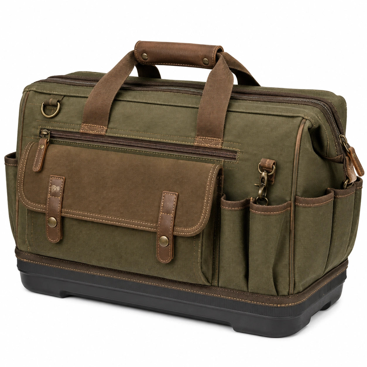 Bolso de viaje 45 cm de lona verde oliva con bolsillos y asas - estilo utilitario
