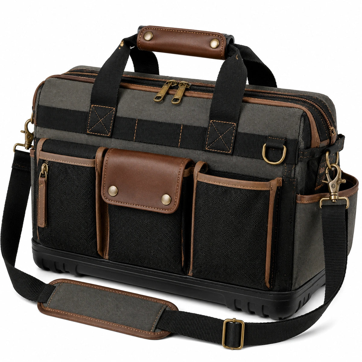 Bolsa de herramientas 40 x 20 x 28 cm de tejido sintético negro y marrón con bandolera ajustable