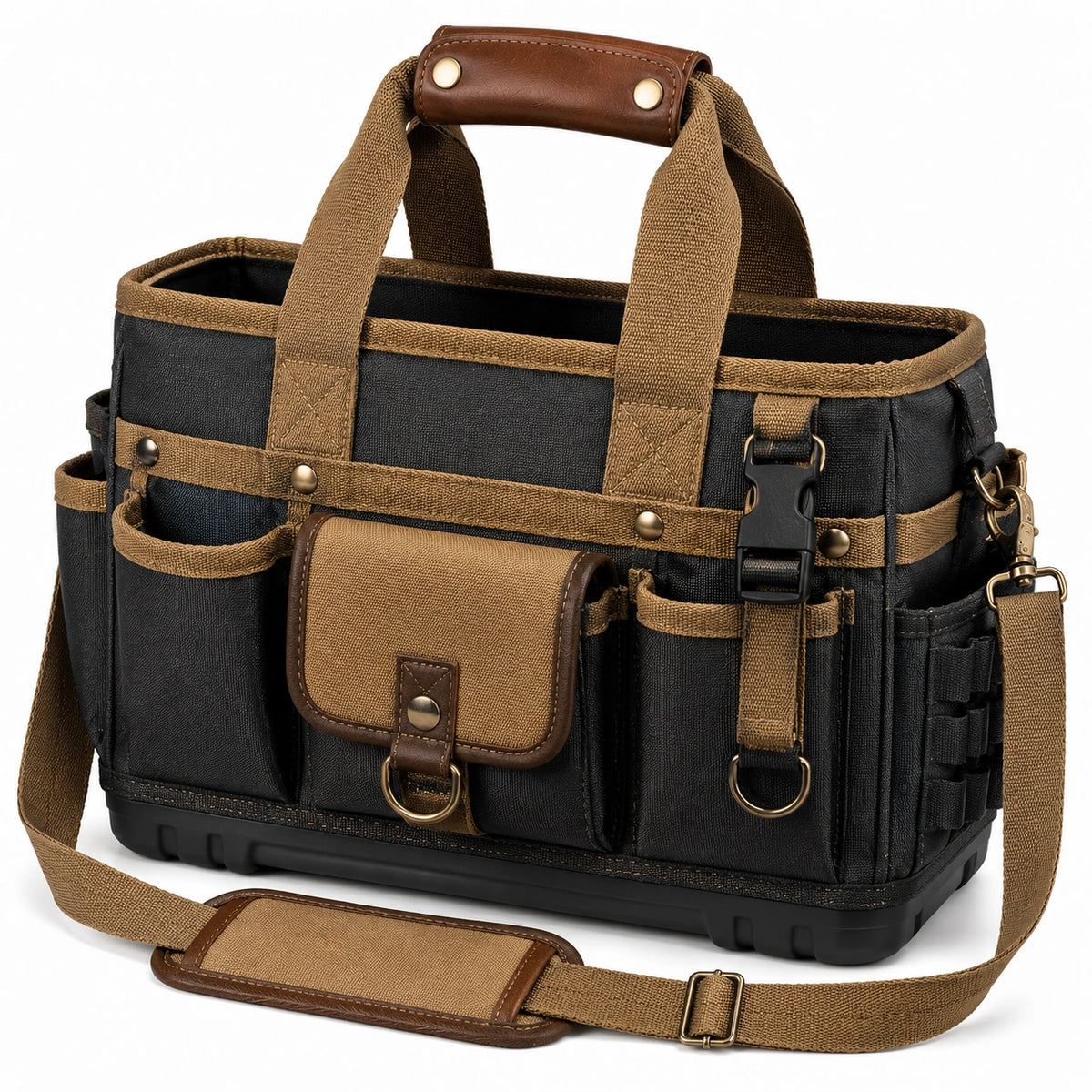 Bolsa de herramientas 40 x 20 x 30 cm de lona negra y marrón con bolsillos y correa ajustable