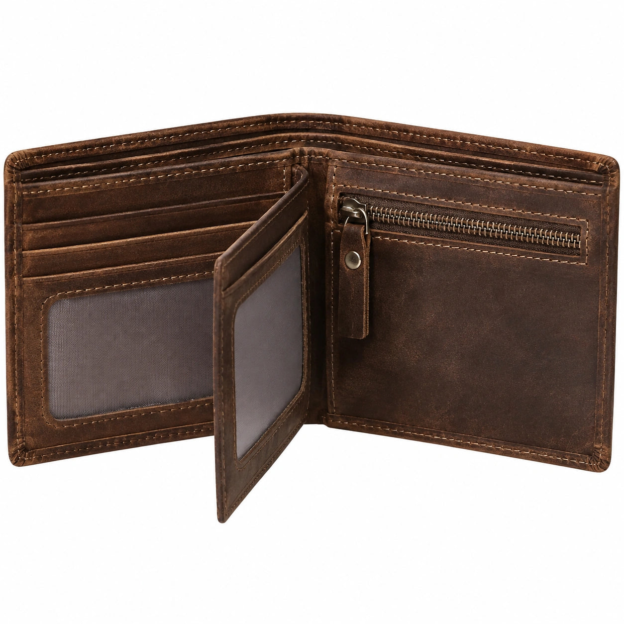 Cartera billetera de cuero marrón 12 x 9.5 cm con cremallera interior