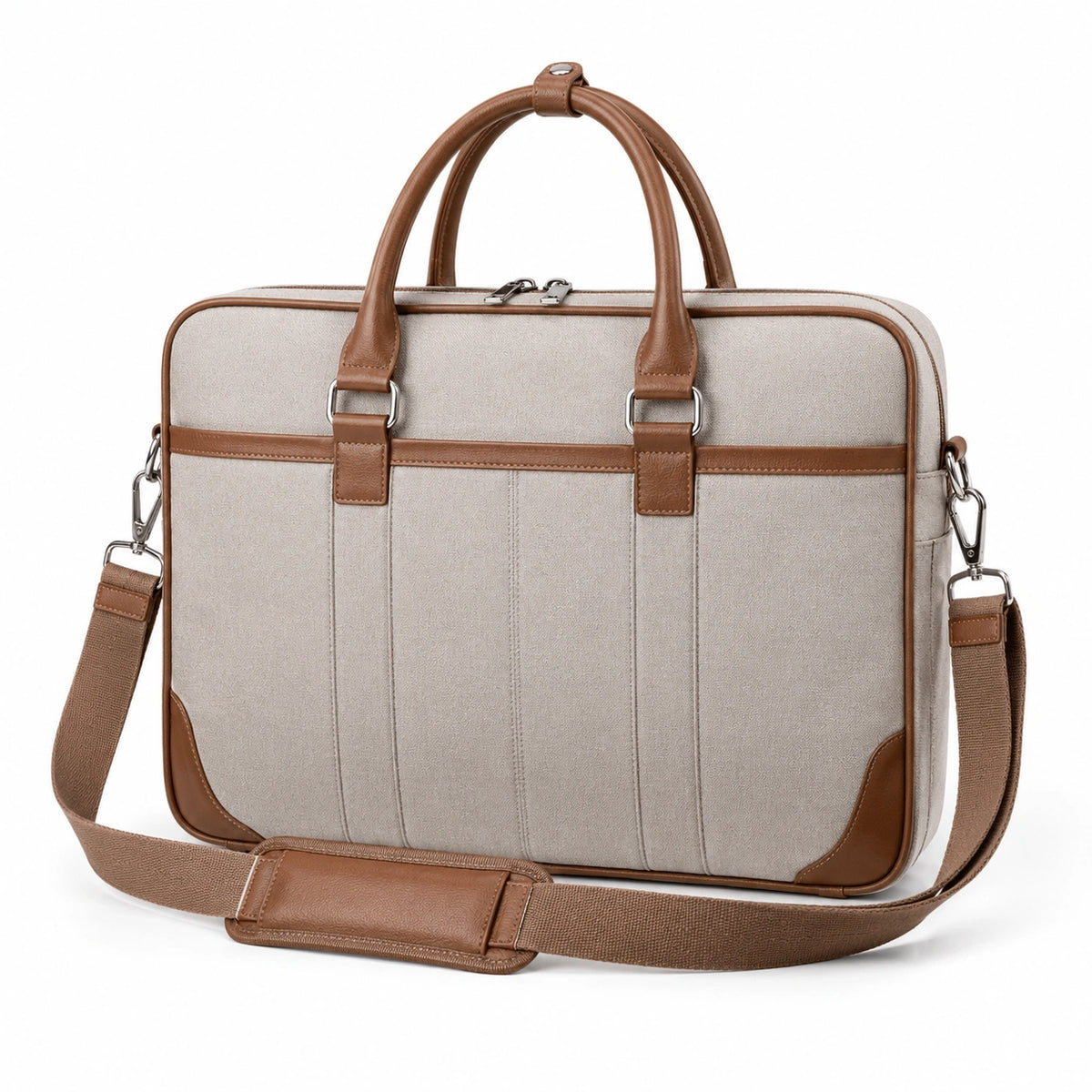 Maletín para portátil 40 cm de tejido beige y polipiel marrón con correa para oficina