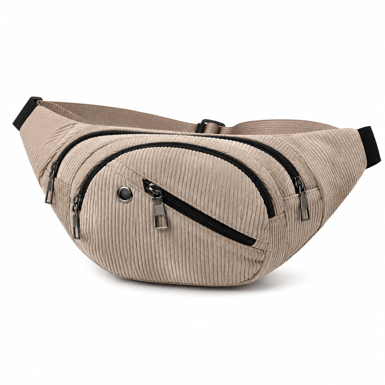 Riñonera mediana de pana beige con correa ajustable y bolsillos con cremallera