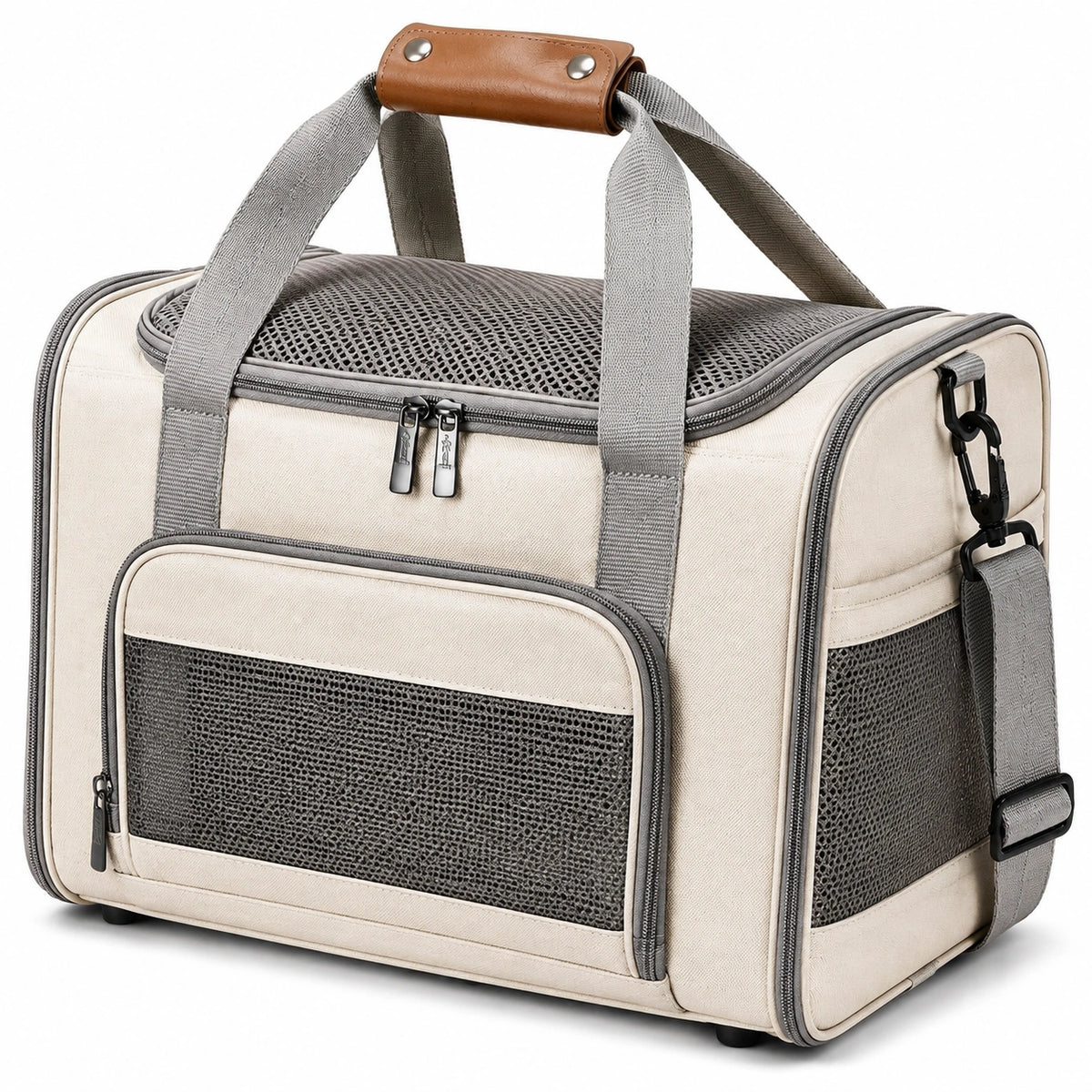 Transportín para mascotas 45 x 30 x 30 cm de tejido beige y gris con malla y correa ajustable